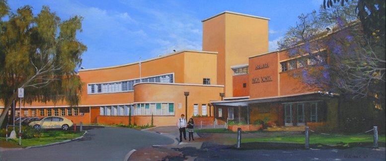 Painting of Adelaide High School with 2 students standing in the foreground.